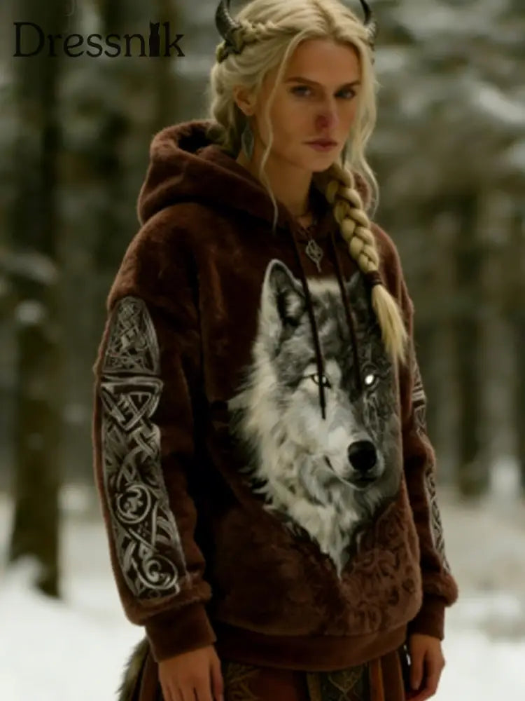 Frauen Viking Celtic Wolf Muster Kunst Casual Flanell Hoodie Kaffee / S