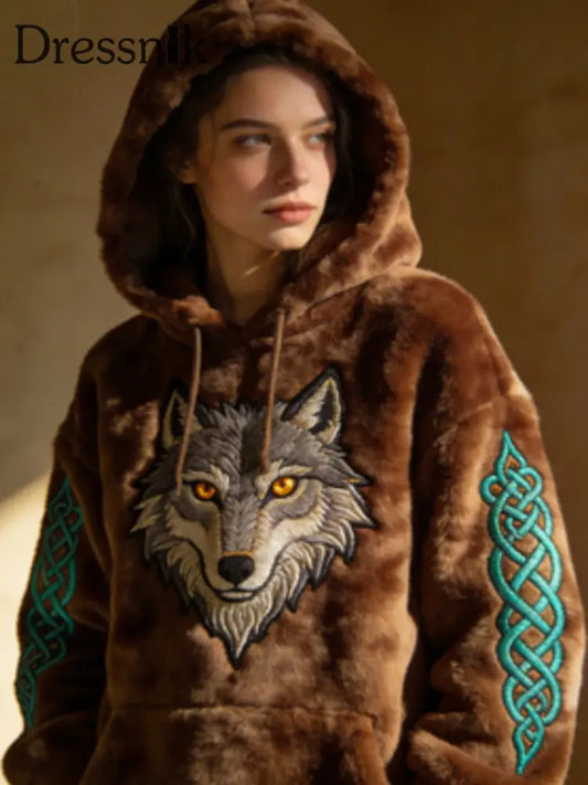 Frauen Viking Celtic Wolf Muster Kunst Casual Flanell Hoodie Kaffee / S