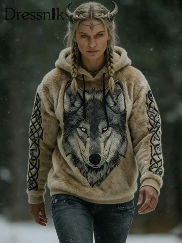 Frauen Viking Celtic Wolf Muster Kunst Casual Flanell Hoodie Khaki / S