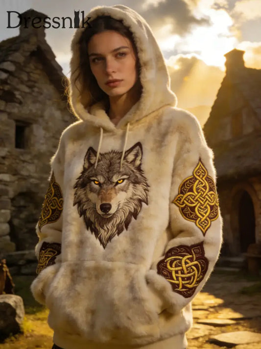 Frauen Viking Celtic Wolf Muster Kunst Casual Flanell Hoodie Khaki / S