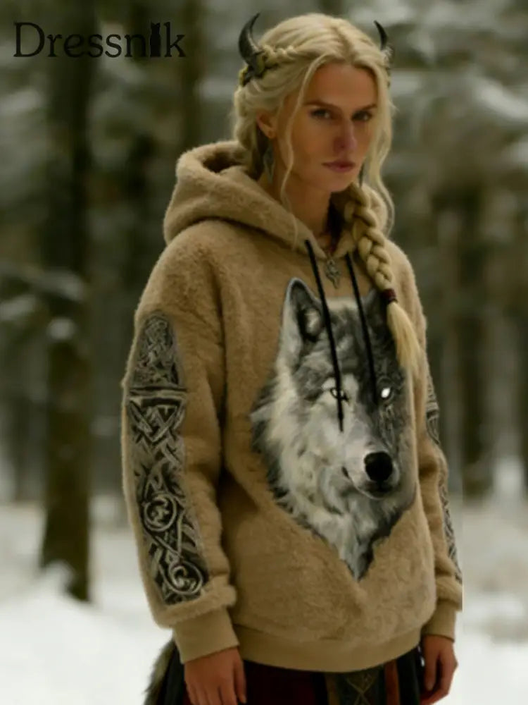 Frauen Viking Celtic Wolf Muster Kunst Casual Flanell Hoodie Khaki / S