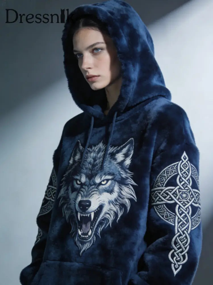 Frauen Viking Celtic Wolf Muster Kunst Casual Flanell Hoodie Marineblau / S