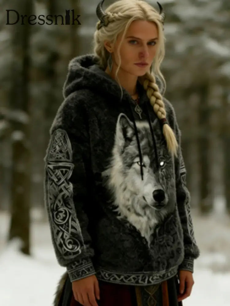 Frauen Viking Celtic Wolf Muster Kunst Casual Flanell Hoodie Schwarz / S