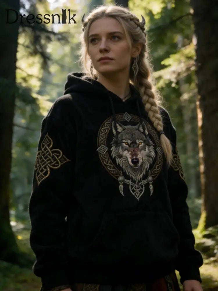Frauen Viking Celtic Wolf Muster Kunst Casual Flanell Hoodie Schwarz / S
