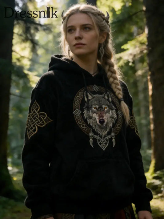 Frauen Viking Celtic Wolf Muster Kunst Casual Flanell Hoodie Schwarz / S
