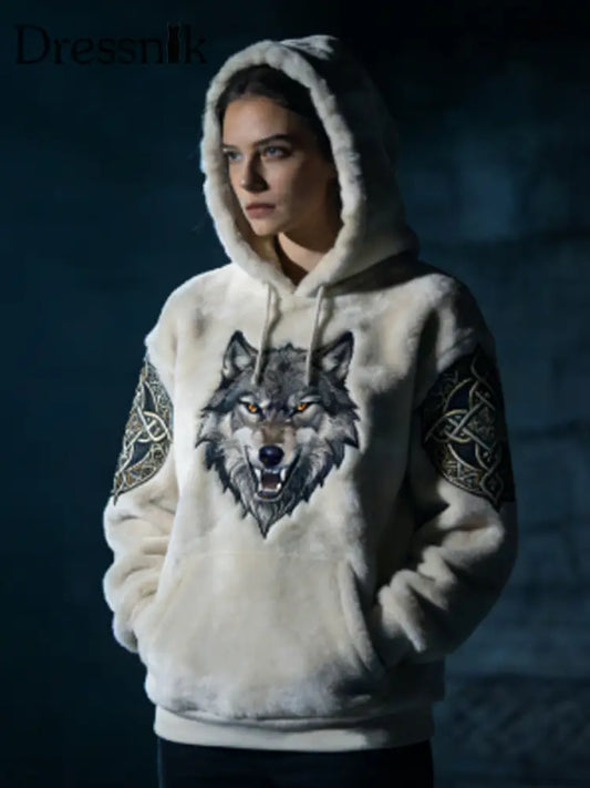 Frauen Viking Celtic Wolf Muster Kunst Casual Flanell Hoodie Weiß / S
