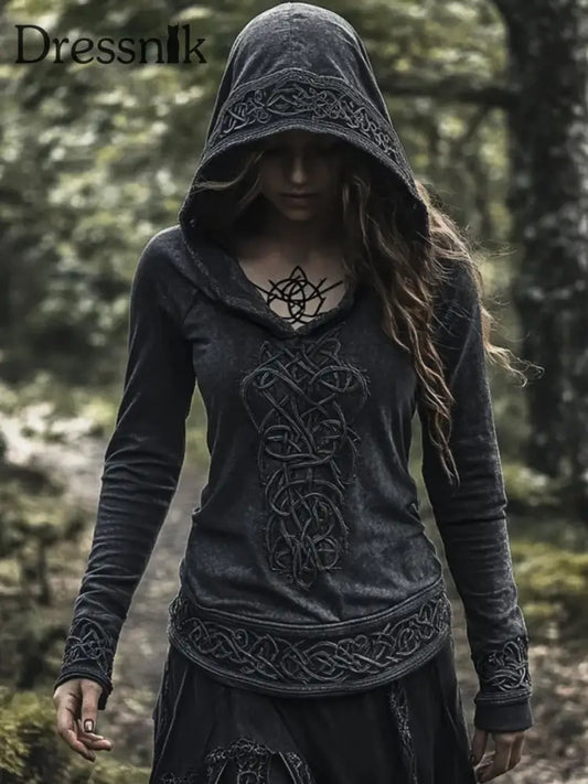 Frauen Viking Jacquard Keltischer Knoten Kunst mit Kapuze Schwarz / S