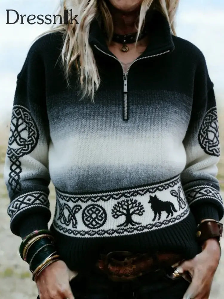 Frauen Viking Wolf Keltischer Knoten Baum des Lebens Steigung lässig Fleece Sweatshirt Schwarz / S