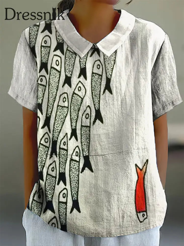 Frauen Vintage Fisch Print Puppen kragen Baumwoll-Freizeit hemd bunt / S