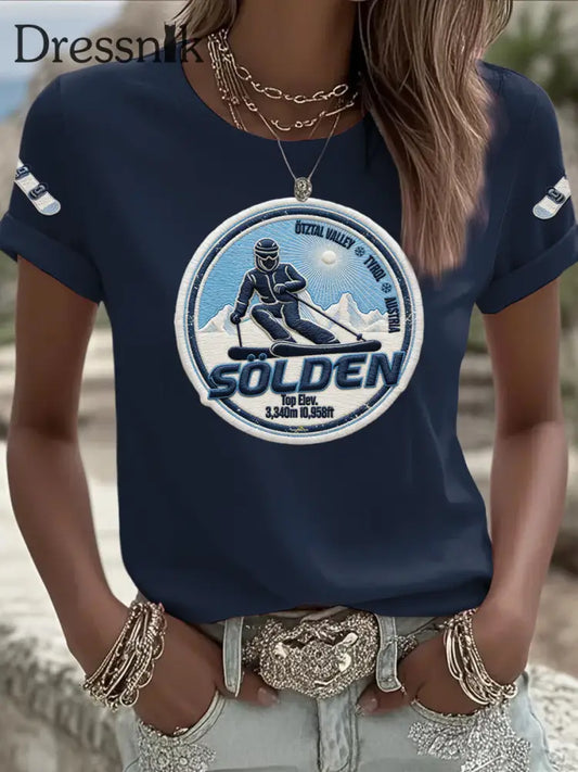 Frauen Vintage österreich ische Ski-Feier lässig T-Shirt mehrfarbig / S