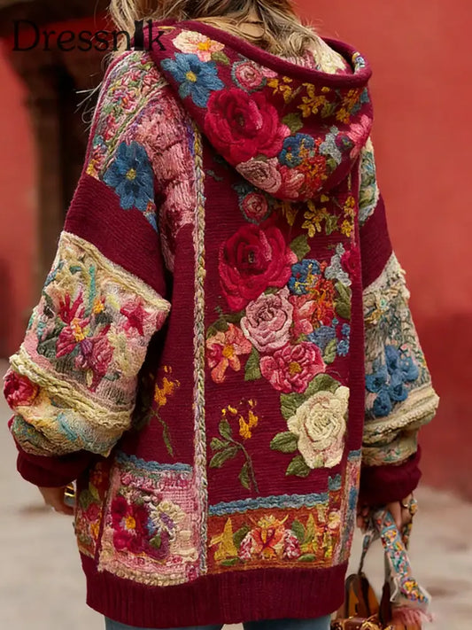 Frauen Vintage-Stil Brustkrebs Bewusstsein Themen Blumenmuster mit Knöpfen bequeme Kapuzen strickjacke A / S