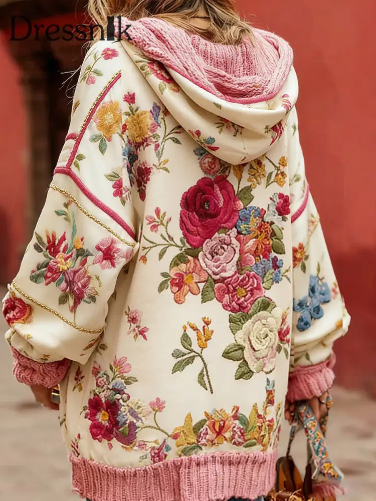 Frauen Vintage-Stil Brustkrebs Bewusstsein Themen Blumenmuster mit Knöpfen bequeme Kapuzen strickjacke A / S