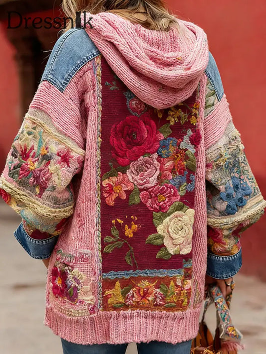 Frauen Vintage-Stil Brustkrebs Bewusstsein Themen Blumenmuster mit Knöpfen bequeme Kapuzen strickjacke A / S
