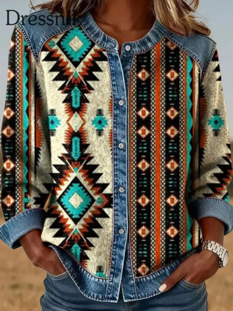 Frauen Vintage Western Ethnic Azteken Muster Casual Top als bild / S