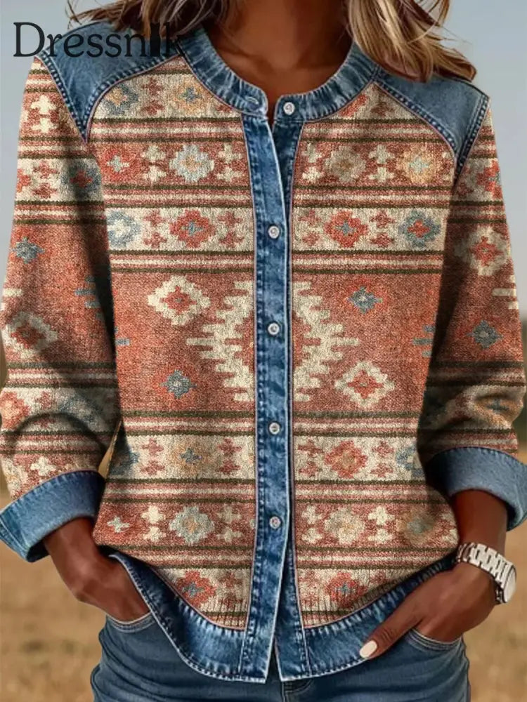 Frauen Vintage Western Ethnic Azteken Muster Casual Top als bild / S