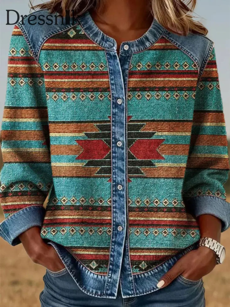 Frauen Vintage Western Ethnic Azteken Muster Casual Top als bild / S