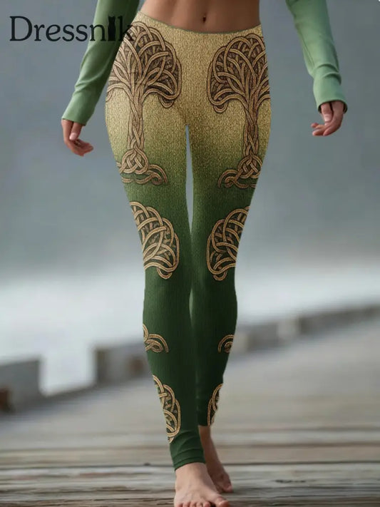 Frauen Vintage Wikinger Baum des Lebens keltische stricken bequeme Leggings Grün / S