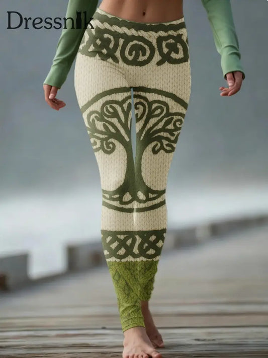 Frauen Vintage Wikinger Baum des Lebens keltische stricken bequeme Leggings Grün / S
