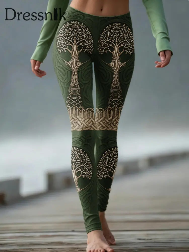 Frauen Vintage Wikinger Baum des Lebens keltische stricken bequeme Leggings Grün / S