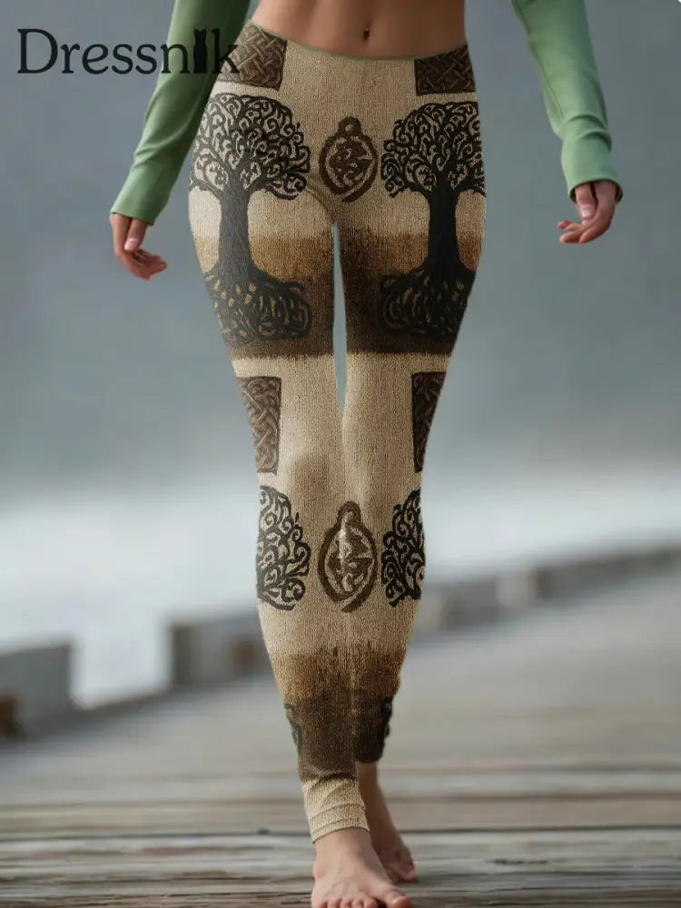 Frauen Vintage Wikinger Baum des Lebens keltische stricken bequeme Leggings Kaffee / S