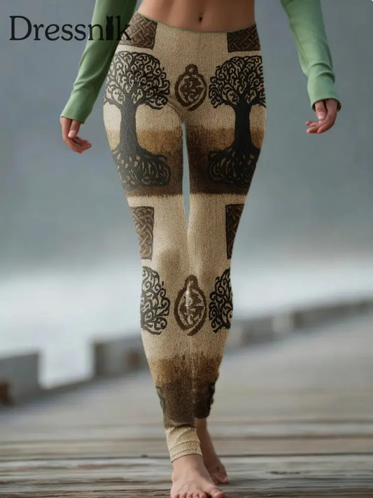 Frauen Vintage Wikinger Baum des Lebens keltische stricken bequeme Leggings Kaffee / S