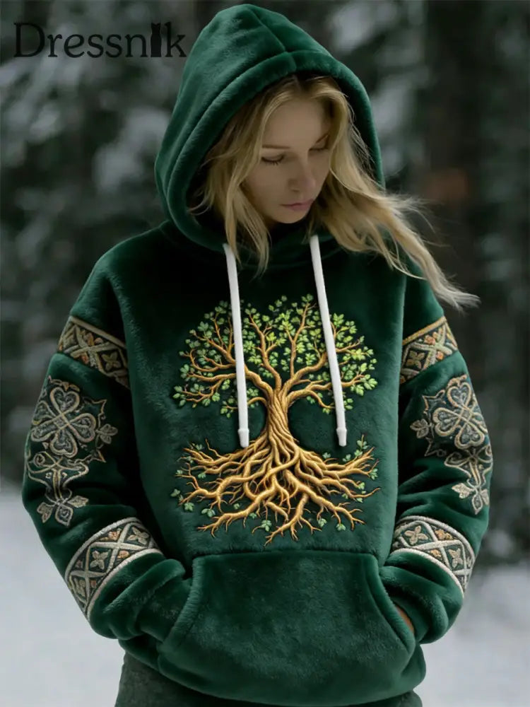 Frauen Vintage Wikinger Baum des Lebens Totem Casual Flanell Hoodie mehrfarbig / S