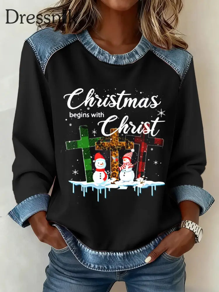 Frauen weihnachten beginnt mit Christ Denim Patchwork Top Schwarz / S
