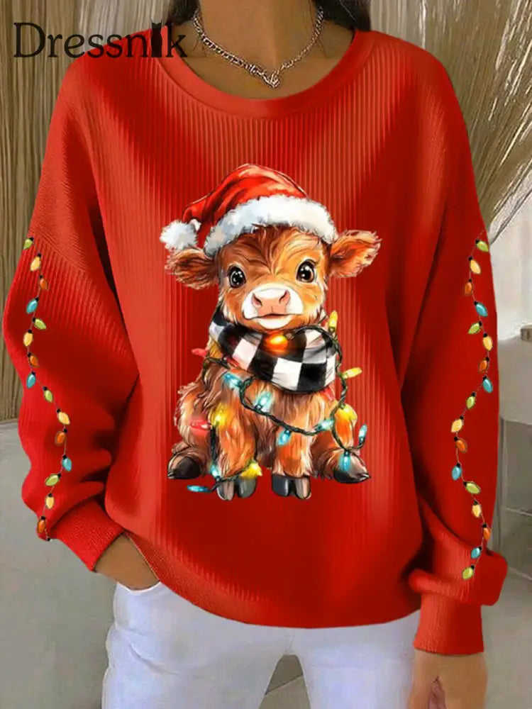 Frauen Weihnachten Highland Kuh Geripptes Rundhals-Sweatshirt Rot / S