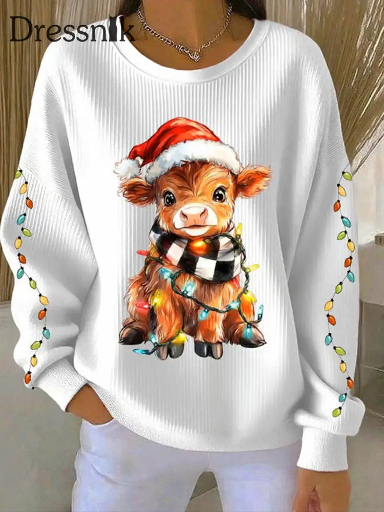 Frauen Weihnachten Highland Kuh Geripptes Rundhals-Sweatshirt Weiß / S