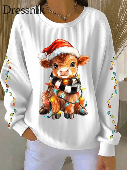 Frauen Weihnachten Highland Kuh Geripptes Rundhals-Sweatshirt Weiß / S