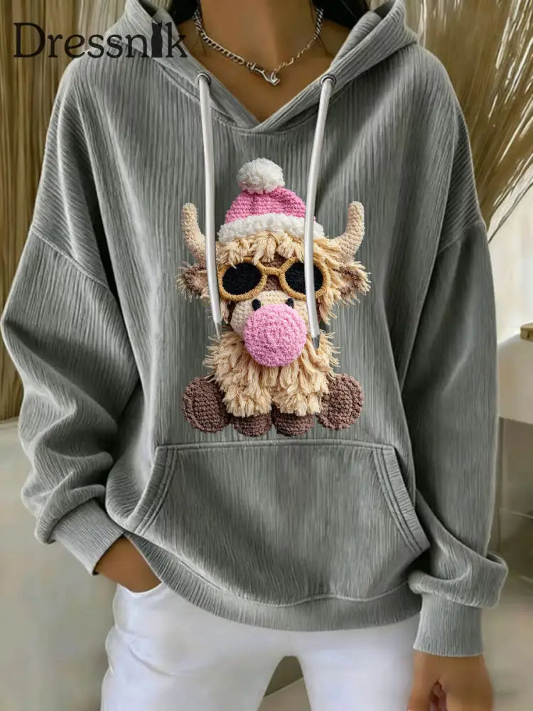 Frauen Weihnachten Highland Kuh Print Casual Hoodie Grau / S