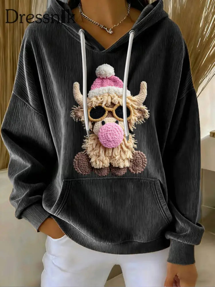 Frauen Weihnachten Highland Kuh Print Casual Hoodie Schwarz / S