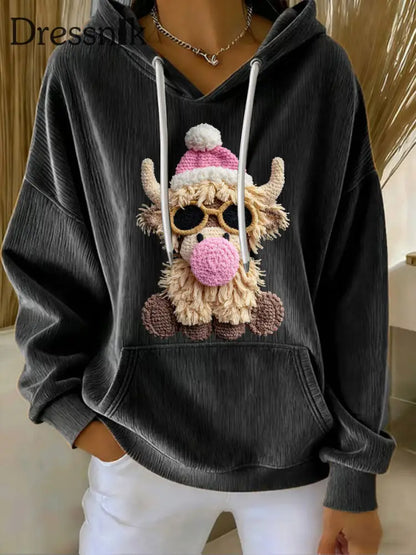 Frauen Weihnachten Highland Kuh Print Casual Hoodie Schwarz / S