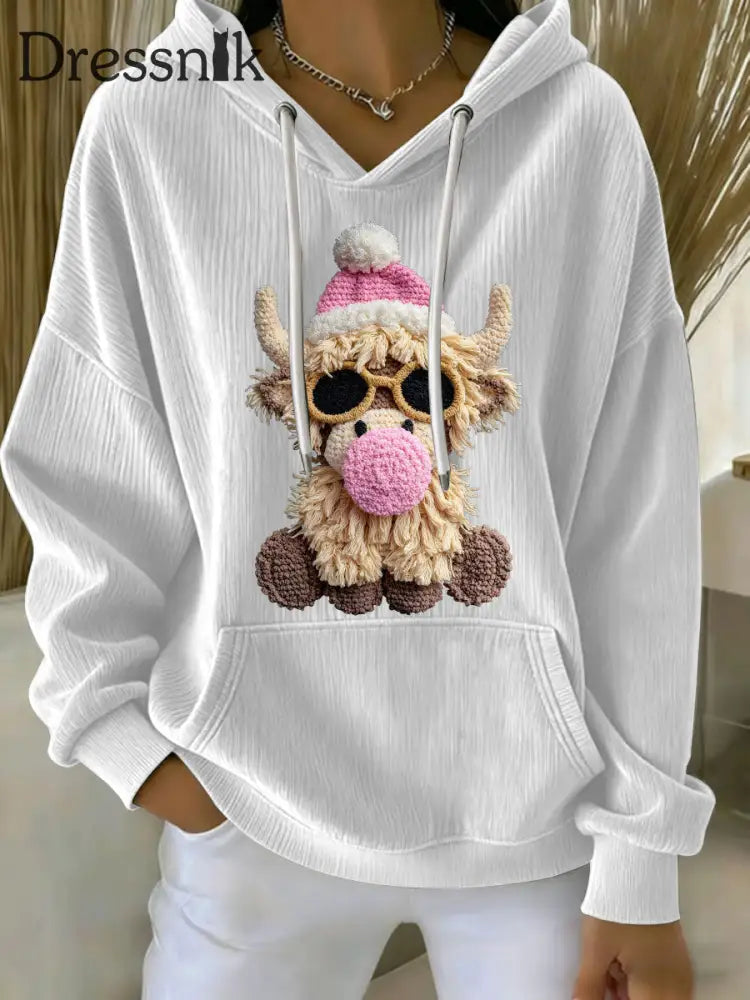 Frauen Weihnachten Highland Kuh Print Casual Hoodie Weiß / S