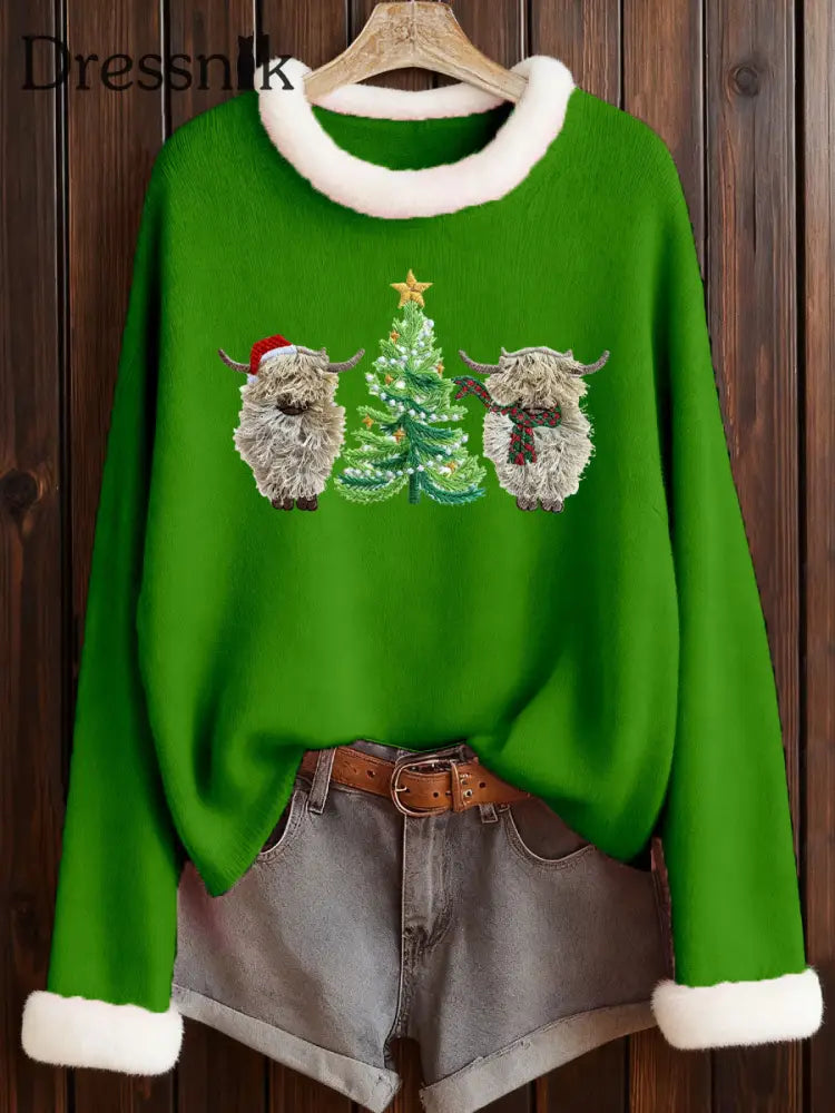 Frauen Weihnachten Highland Kuh Print Top Grün / S