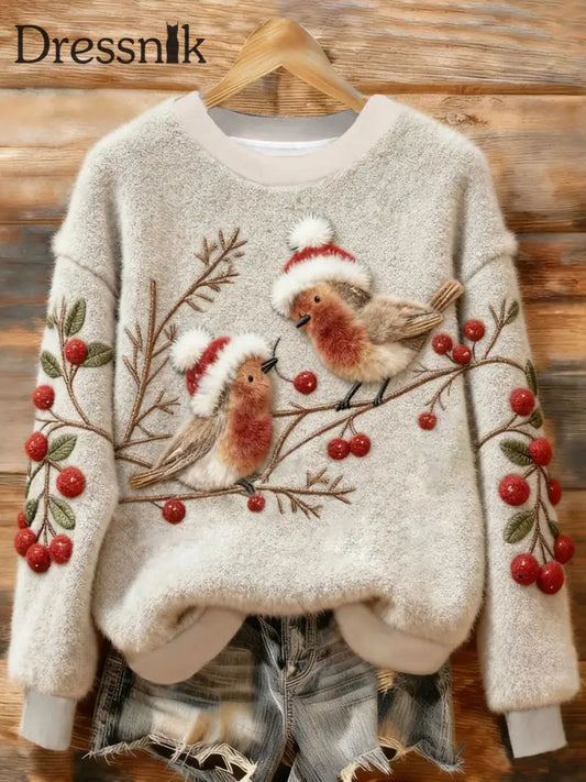 Frauen Weihnachten zwei Robins Kunst Gemütliche Plüsch Pullover Weiß / S