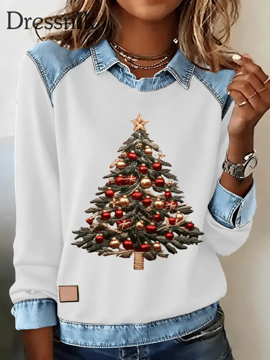 Frauen Weihnachts baum Cowboy Spleißen Top A / S