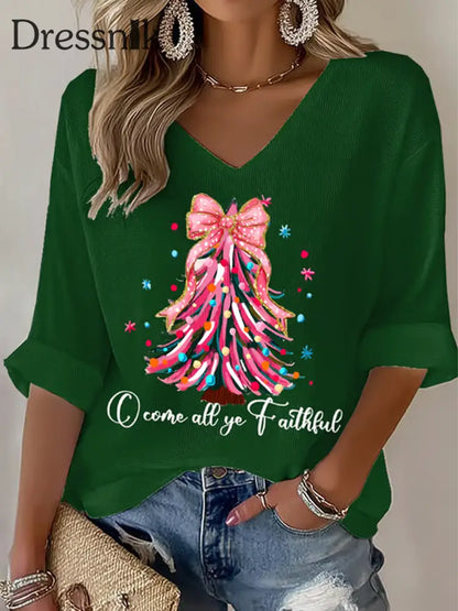 Frauen Weihnachts baum Print Waffel T-Shirt Grün / S