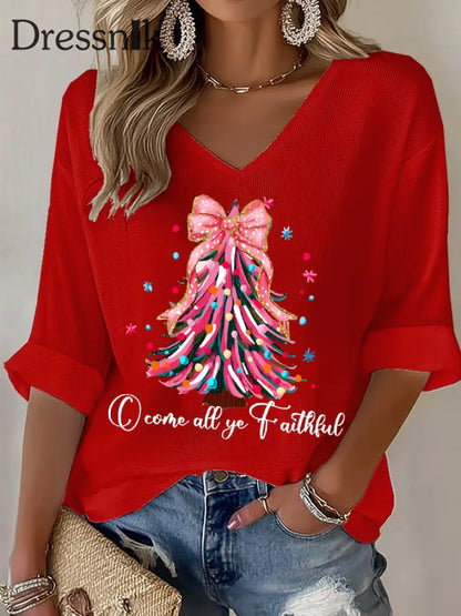 Frauen Weihnachts baum Print Waffel T-Shirt Rot / S