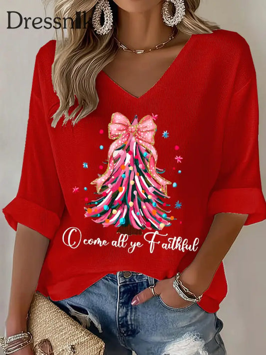 Frauen Weihnachts baum Print Waffel T-Shirt Rot / S