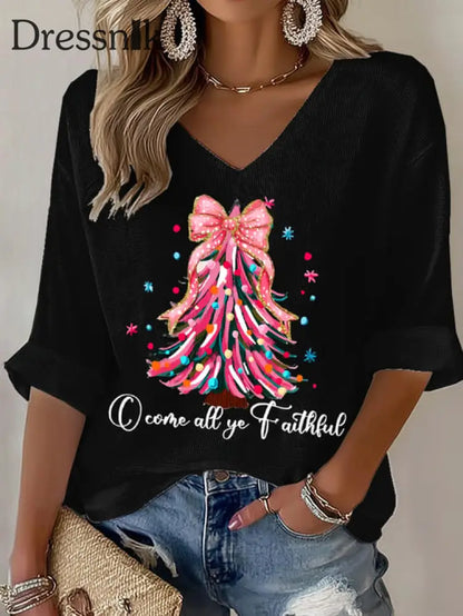 Frauen Weihnachts baum Print Waffel T-Shirt Schwarz / S
