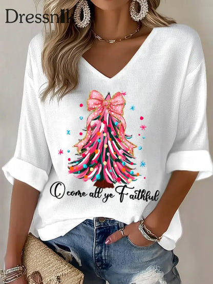 Frauen Weihnachts baum Print Waffel T-Shirt Weiß / S