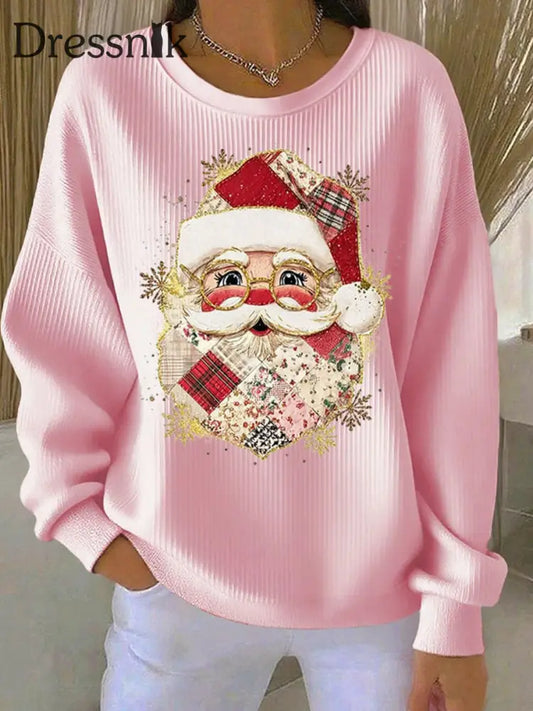 Frauen Weihnachts mann Geripptes Rundhals-Sweatshirt Rosa / S