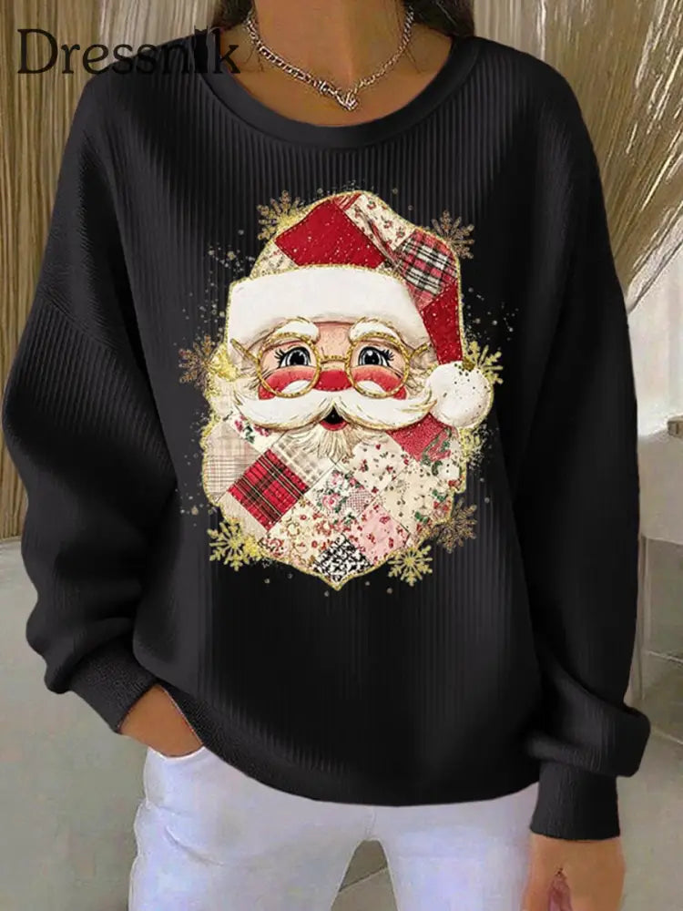 Frauen Weihnachts mann Geripptes Rundhals-Sweatshirt Schwarz / S