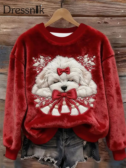 Frauen Weihnachts schlafender Hund Besticktes gemütliches Plüsch Sweatshirt Rot / S