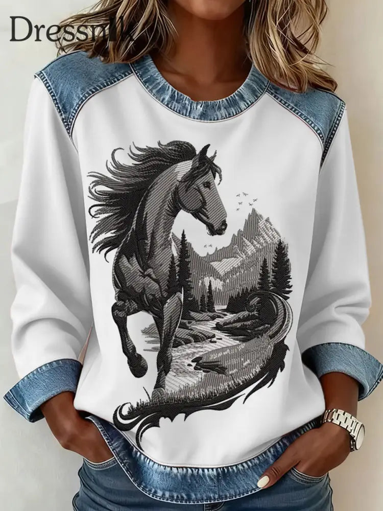 Frauen Western Horse Kunst Denim Patchwork Top Weiß / S