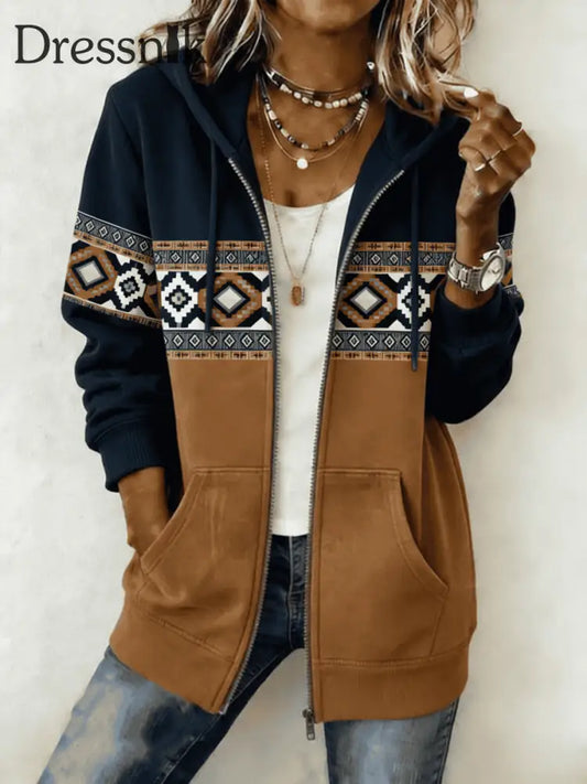 Frauen Western Print Zip-Up Hoodie Braun / S
