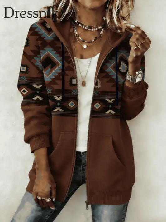 Frauen Western Print Zip-Up Hoodie Dunkelbraun / S