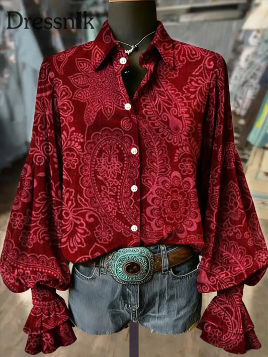 Frauen Western Vintage Blumen druck Langarm Samt Shirt als bild / S