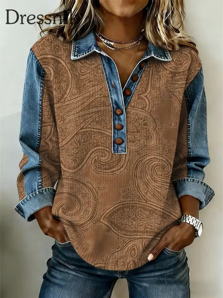 Frauen Westliches Muster Patchwork Kunst Sweatshirt als bild / S